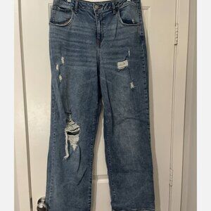 SO Juniors 15 High Rise Wide Leg Denim Blue Jeans Distressed Zip Pocket Raw Hem